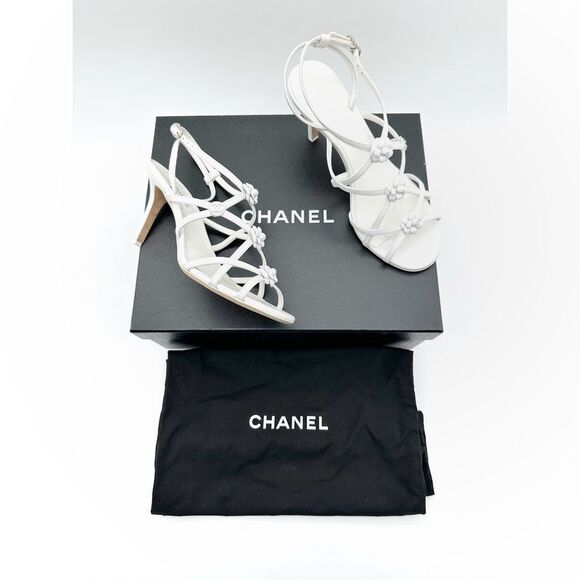 CHANEL 2023 Camellia Interlocking CC Logo White Heels Size 37 Sandals Strappy - Picture 2 of 12